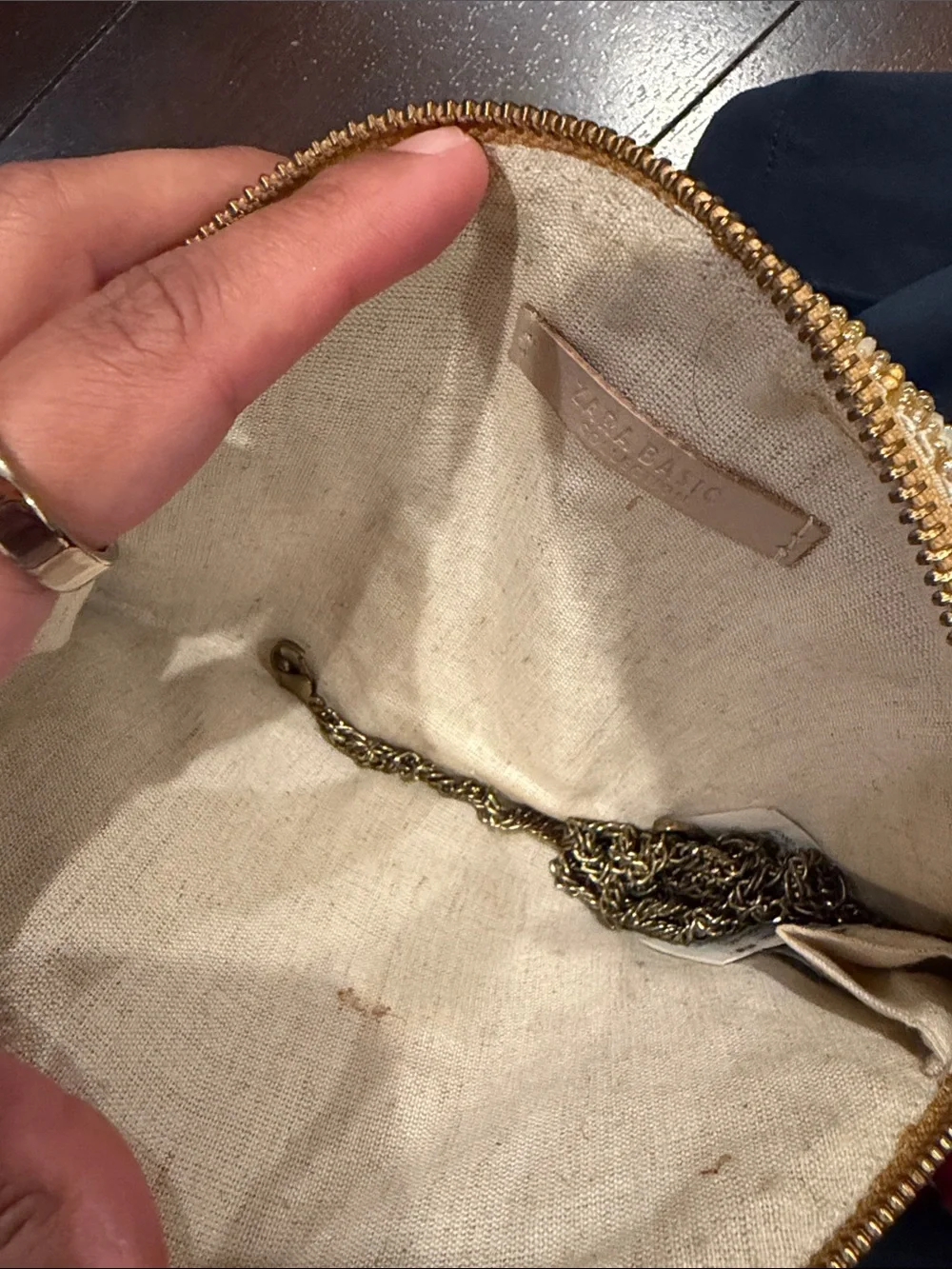 Zara pizza Beaded Half-Moon Clutch in Gold with Red, Black and Green Accents